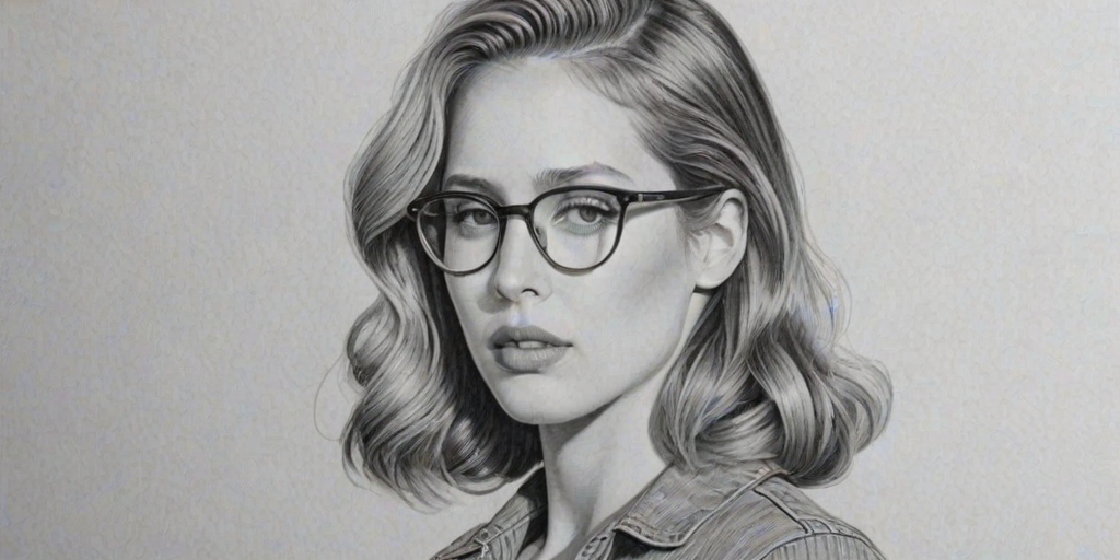 Ravishing Dylan Penn, pencil sketch, portrait of Sublime woman 1944s in glasses, hair style beatnik, outline, clear lines, fine lines, 8k
