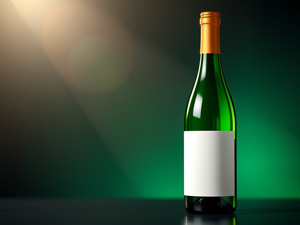 create a realistic illustration of a green wine bottle with a blank label, studio lighting for soft reflections, depth of field for background blur, using a DSLR camera with a 50mm lens, aperture set to f/2.8, ISO 100, and a shutter speed of 1/60 seconds