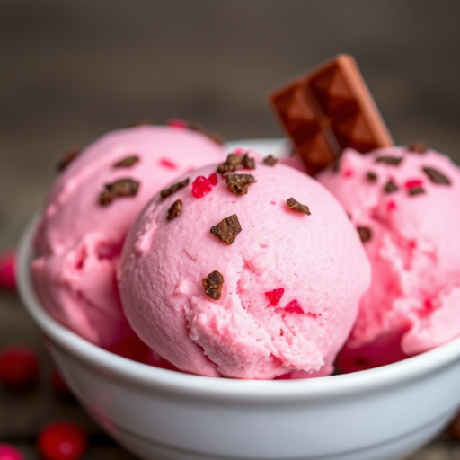 Close-up shot of a bowl of pink ice cream scoops with chocolate flakes and a sprinkle of crushed red candies, shallow depth of field, natural light, 50mm lens, f/1.8, ISO 200, 1/125 sec, DSLR camera.
