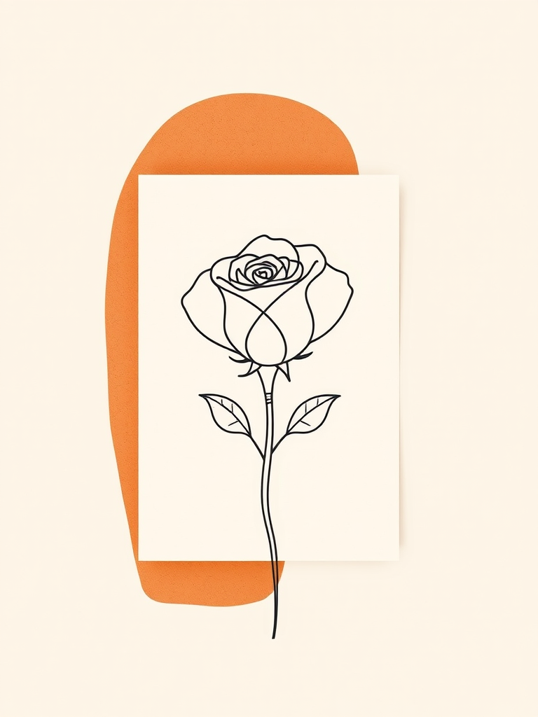Create an abstract illustration of a single line drawing of a rose on a beige background with an overlapping terracotta shape, shot with a DSLR camera in portrait mode at f/2.8, 50mm lens, ISO 100, natural light.