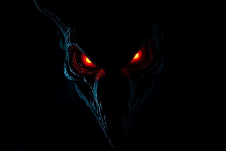 Generate a high-contrast image of a spooky creature with glowing red eyes, set against a dark background, using a Canon EOS 5D Mark IV camera, 50mm lens, f/1.8 aperture, ISO 800, 1/60 sec shutter speed, low-angle view, and dramatic lighting to enhance the eerie atmosphere.