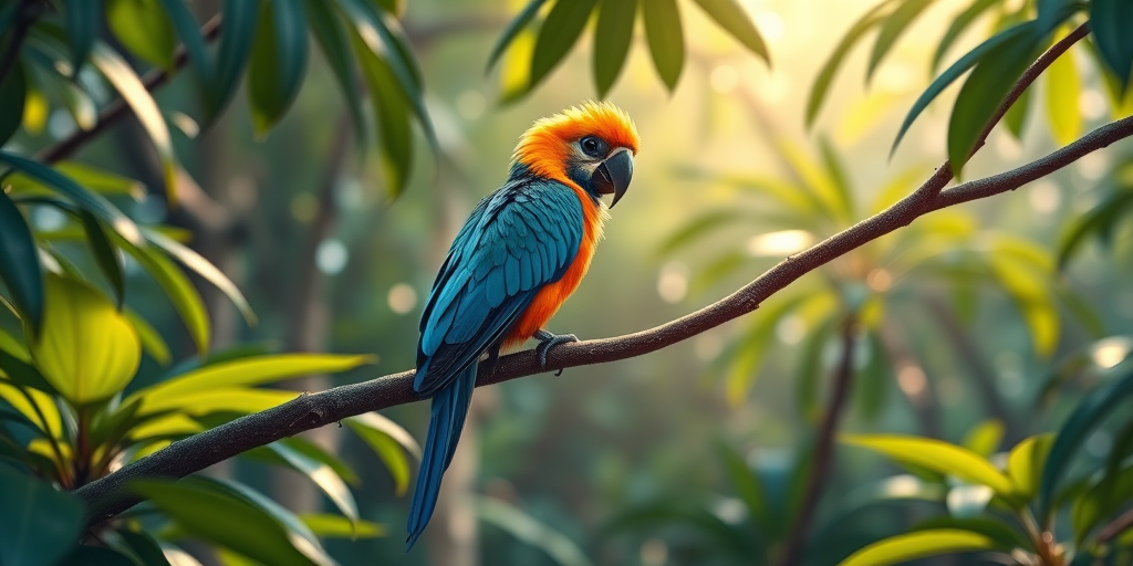 Create a vivid illustration of a fantastical bird with vibrant blue and orange plumage perched on a tree branch in a lush jungle setting, with soft sunlight filtering through the leaves, shot with a Canon EOS R5 at f/2.8, 1/200s, ISO 100, using a macro lens for enhanced detail and depth of field.
