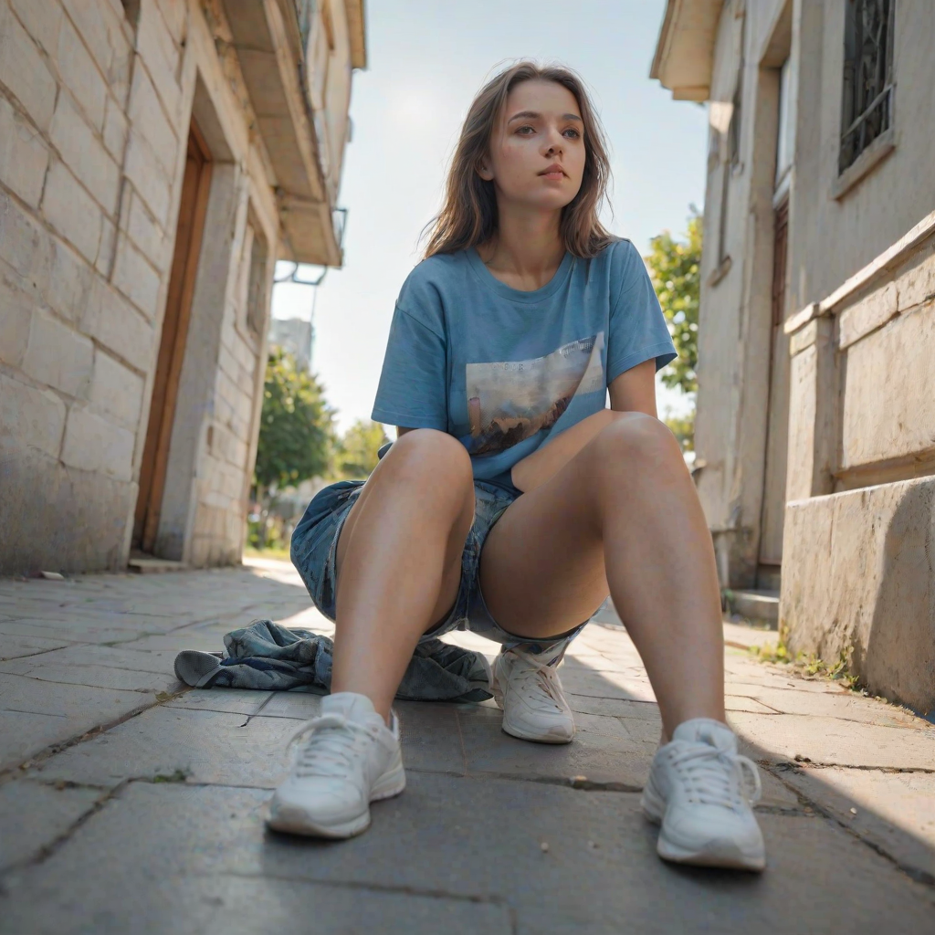 Generate an ultra-realistic, highly detailed, high-definition photograph. It's a photo of a girl sitting on the floor. She's looking at the horizon. The photo is taken from the bottom up, at ground level. The girl's sneakers are in the foreground, in the center of the scene. The girl is wearing light clothes, a t-shirt and short shorts. The sky is blue. Bright environment. The background is a blurred image of a park.