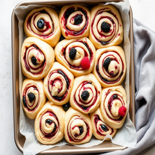 A baking tray filled with freshly rolled berry cinnamon rolls featuring swirls of dough and a mix of blueberries, blackberries, and raspberries, arranged neatly in a square metal tray with parchment paper lining, showcasing a light and fluffy texture, with a soft gray cloth draped beside the tray.