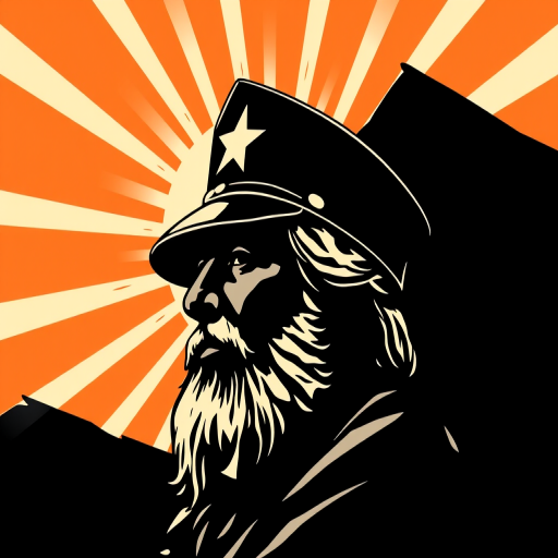 Create a high-contrast graphic illustration of a revolutionary figure with a star on their cap, sunburst rays radiating from the background, captured with a DSLR camera using a 50mm lens at f/1.8, ISO 100, and a shallow depth of field for enhanced clarity and detail.