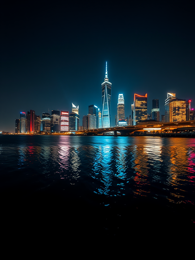 create a high-resolution image of a city skyline at night with pixelated effects, using a Canon EOS R5 with a 24-70mm f/2.8 lens, ISO 100, shutter speed 1/60 sec, aperture f/8, shot from a low angle to capture reflections on water.