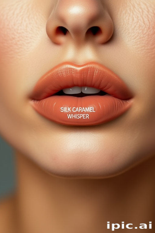 Sleek nude lips with satin finish, expertly sculpted shape enhancing natural contours, effortlessly chic and polished Silk Caramel Whisper aesthetic