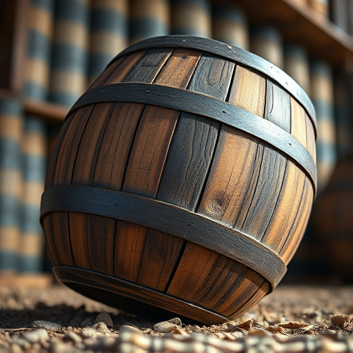regenerate a wooden barrel leaning slightly to one side, high-resolution, natural lighting, focus on texture details, background blurred to emphasize the barrel, shot with a DSLR camera at f/2.8 aperture, 35mm lens, ISO 100, low angle view