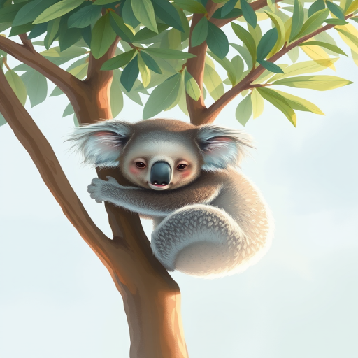 Create a high-resolution illustration of a koala clinging to a eucalyptus tree, using a digital painting style with soft, natural colors, set against a clear background for enhanced detail, camera settings: f/8 aperture, 1/200 sec shutter speed, ISO 100, with a focus on the koala to achieve a sharp foreground and slightly blurred background, captured with a digital SLR camera.