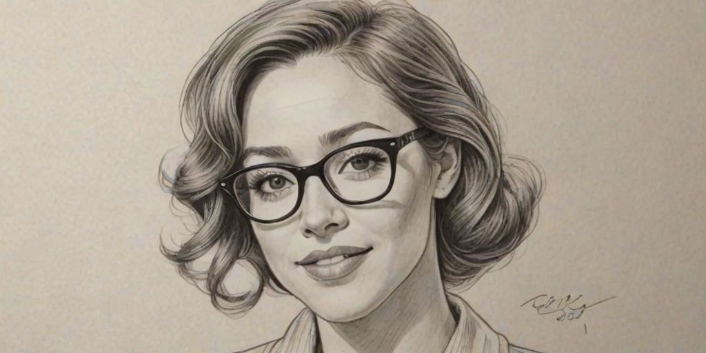 Dazzling Autumn Reeser, pencil sketch, portrait of Delightful woman 1947s in glasses, hair style beatnik, outline, clear lines, fine lines, 8k