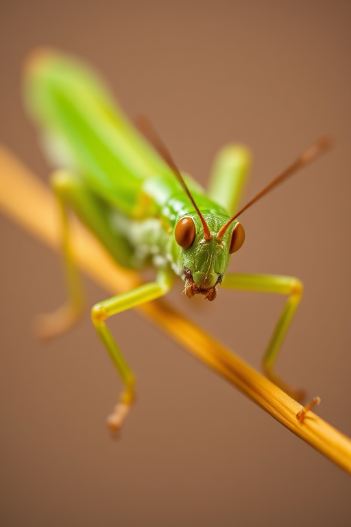 Create a high-resolution, realistic image of a grasshopper on a neutral background, using a DSLR camera with a 50mm lens at f/2.8, ISO 100, and 1/200 sec shutter speed, capturing fine details and vibrant colors, in macro photography style.