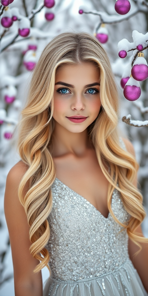 portrait of a young woman with long wavy blonde hair and bright blue eyes wearing a silver sequined dress in a snowy landscape with pink and purple ornaments on snow-covered branches, soft natural lighting, focal length 85mm, aperture f/1.8, ISO 100, shot on a full-frame DSLR, shallow depth of field, high resolution
