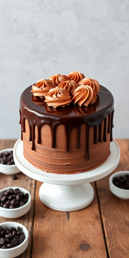 A beautifully decorated chocolate cake with rich chocolate frosting and elegant swirls on top, featuring a glossy chocolate drip cascading down the sides, displayed on a white cake stand, surrounded by small bowls of chocolate chips on a rustic wooden table.
