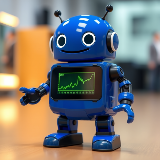 Create a friendly blue robot character with a smiling face and a digital screen displaying a green graph, photographed in a well-lit environment using a DSLR camera at f/8 aperture, ISO 100, 50mm lens, with a soft focus background for a professional look.