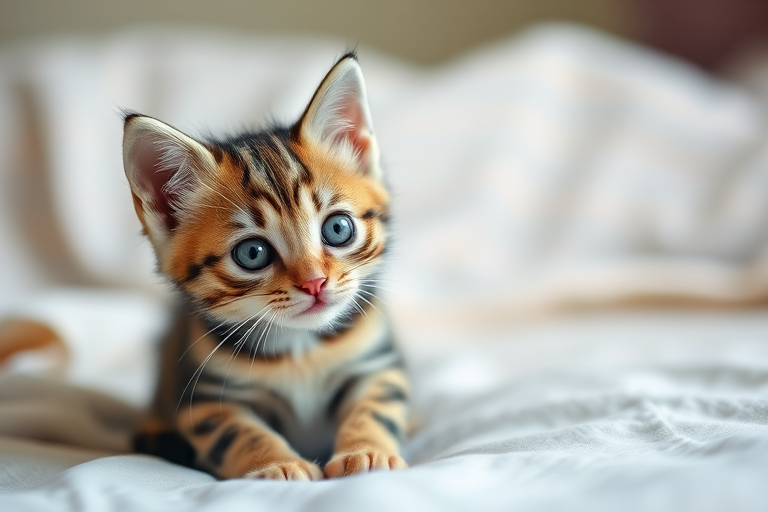 A close-up of a playful tabby kitten sitting on a soft blanket, natural light, shallow depth of field, f/2.8, 50mm lens, ISO 200, DSLR camera.