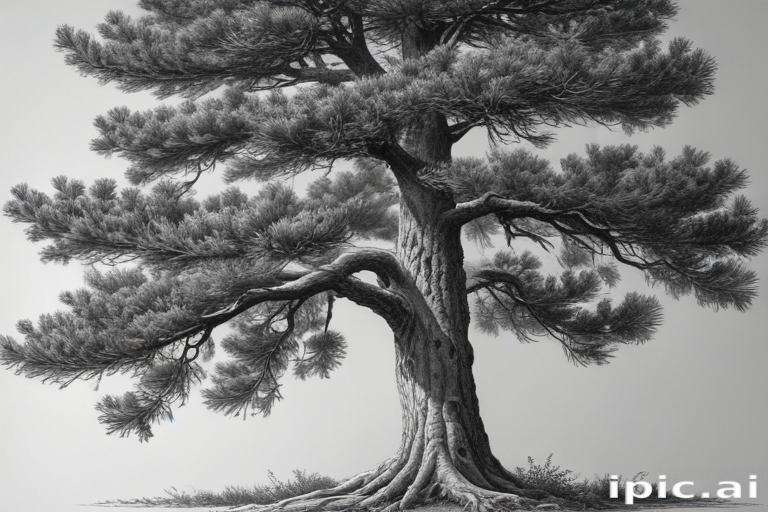 A Majestic Black and White Illustration of a Pine Tree Standing Tall.