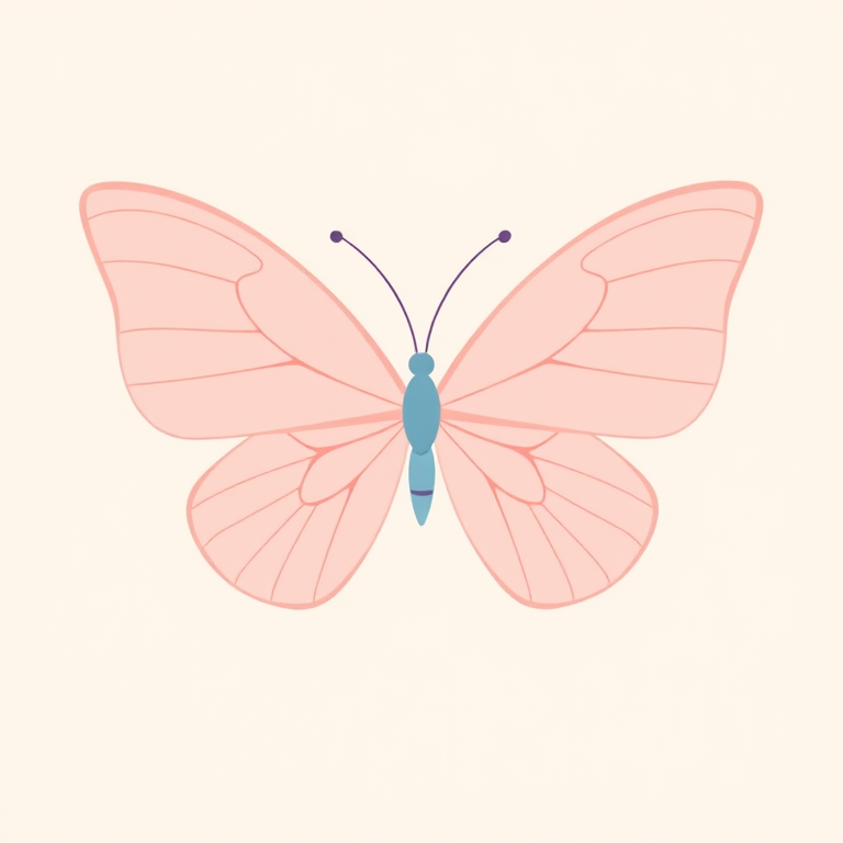 Create a minimalist illustration of a butterfly with two large wings. The wings should be in soft pink and light blue shades, with a simple, elegant design. Add delicate antennae and a subtle outline for the butterfly's body. The background should be light and unobtrusive.