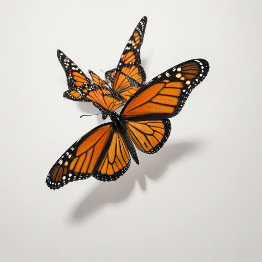 Generate an image of a monarch butterfly with vibrant orange and black wings, positioned in mid-flight against a plain white background, casting a subtle shadow beneath it.