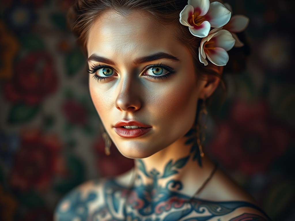 portrait of a woman with intricate tattoos and flowers in her hair, soft diffused lighting, 85mm lens, f/1.8 aperture, ISO 100, taken with a full-frame DSLR, shallow depth of field, vibrant colors and rich textures in the background