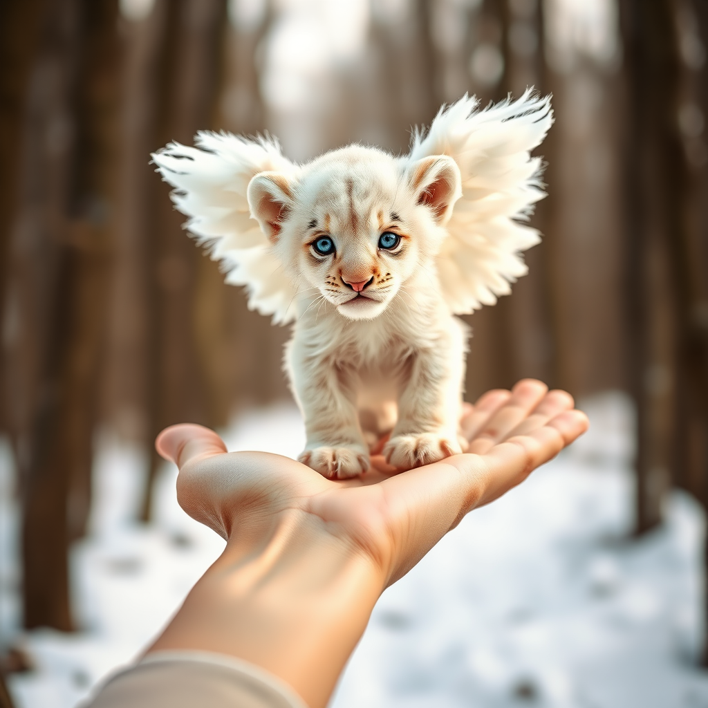 A small, white lion cub with angelic wings standing on a human hand. The cub has a soft, fluffy texture with detailed fur, expressive blue eyes, and a curious expression. The wings are large and feathery, blending seamlessly with its fur, giving an ethereal appearance. The background is a winter forest, with the ground covered in snow and blurred brown trees, creating a serene atmosphere. The human hand in the foreground is positioned palm-up, supporting the lion cub gently, fingers slightly curled. The lighting is soft and diffused, enhancing the tender and magical feel of the scene. Colors are predominantly neutral with white, cream, and soft browns, contrasting with the subtle blue of the lion cub's eyes. The overall composition is balanced, with the cub at the center, creating a focal point that draws the viewer's attention immediately.