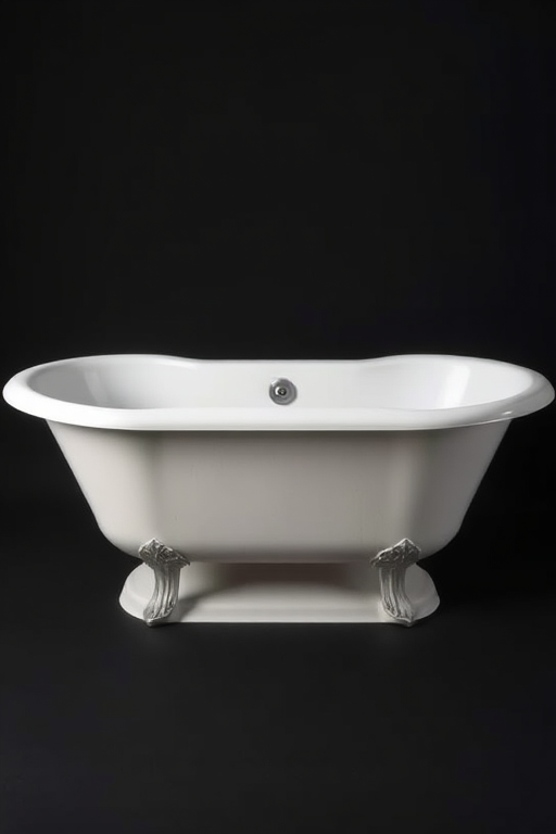A vintage-style bathtub on a plain black background, shot with a DSLR camera at f/2.8, ISO 100, 50mm lens, in soft focus for a minimalist aesthetic.