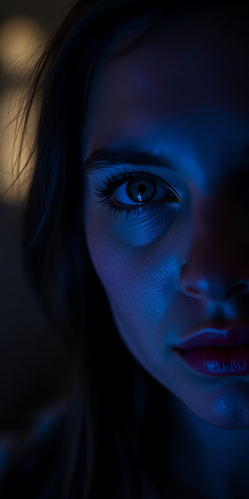 portrait of a young woman with striking blue lighting, close-up shot, 50mm lens, f/1.8 aperture, ISO 100, soft focus background, dramatic shadows, natural light blend