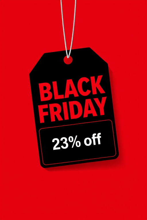 Create a high-resolution graphic design featuring a prominent tag with "Black Friday" and "25% off" in bold typography, using a red background to enhance contrast, captured with a DSLR camera at f/2.8 aperture, ISO 100, and a 50mm lens for sharp details, ensuring a clean, vibrant, and professional look.