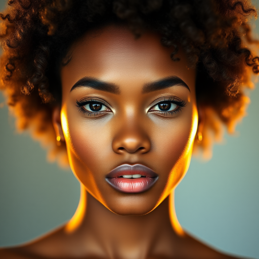 portrait of a female model with an afro hairstyle, golden highlights on skin, soft lighting, focal length 85mm, aperture f/1.8, ISO 100, taken with a DSLR camera, shallow depth of field, front view