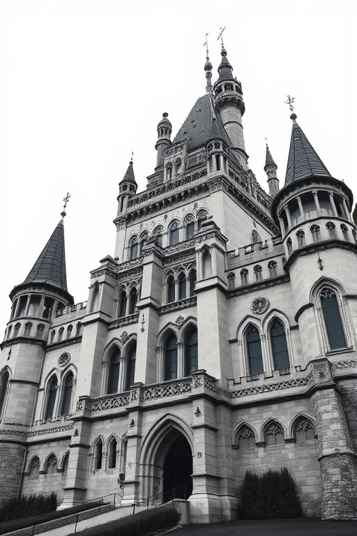 Regenerate a vintage-style black and white image of a grand, medieval castle with intricate architecture, using a DSLR camera with a 50mm lens, ISO 200, f/8 aperture, shot from a low angle view to emphasize the height, with soft diffused lighting for a classic feel.