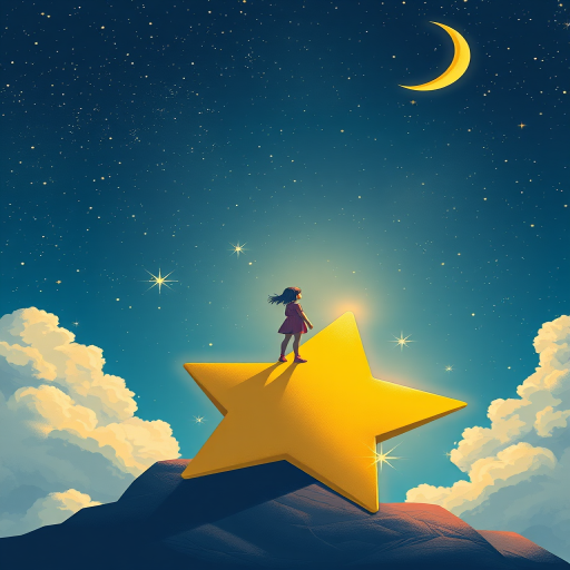 Generate an illustration of a girl standing on a large star under a night sky filled with stars and a crescent moon, with clouds in the background, shot with a Canon EOS R5, 50mm lens, f/1.8 aperture, ISO 100, high dynamic range to enhance colors and detail.