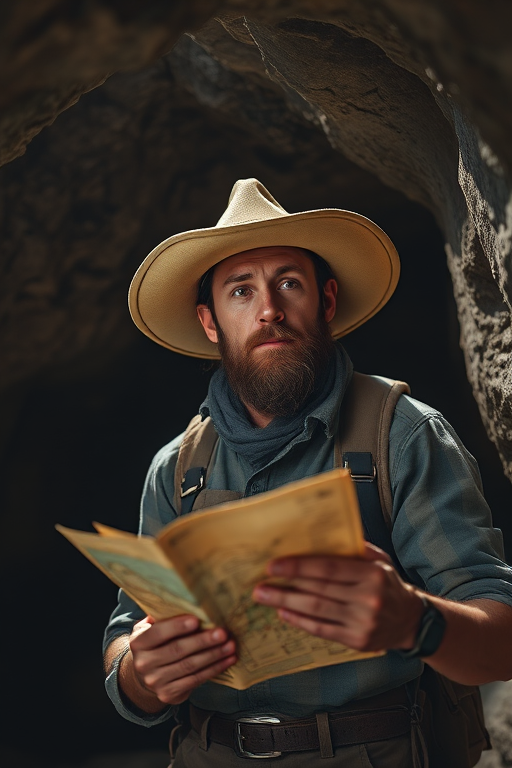 A rugged explorer in a dimly lit cave, wearing a wide-brimmed hat and holding a map, soft natural lighting from above, 50mm lens, f/2.8 aperture, ISO 400, shallow depth of field, DSLR camera, cinematic style.