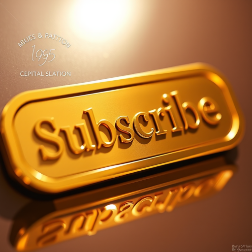 Create a high-resolution image of a glossy golden "Subscribe" button with elegant typography, shot from a slight angle using a DSLR camera at f/2.8, ISO 100, and a 50mm lens for a shallow depth of field, in bright, natural lighting to enhance the reflections and textures.