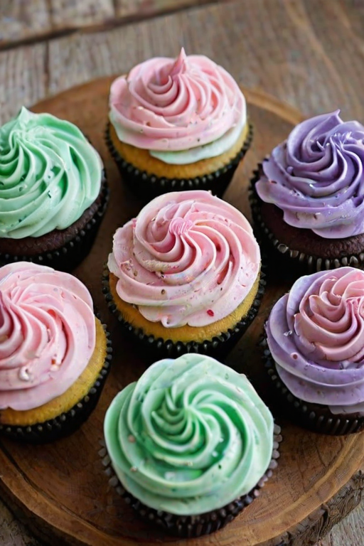 Create an image of a variety of beautifully decorated cupcakes with swirls of pastel-colored frosting in shades of pink, purple, and mint green. The cupcakes should have decorative elements like shimmering edible glitter and colorful, whimsical candy pieces on top. Arrange them on a rustic wooden table for a charming presentation.