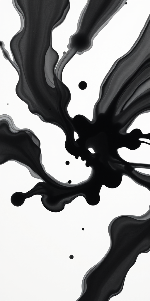 Create a high-resolution image of an abstract black ink splash on a white background with a Canon EOS R5, 50mm lens, f/2.8 aperture, ISO 100, shot from a top-down perspective.