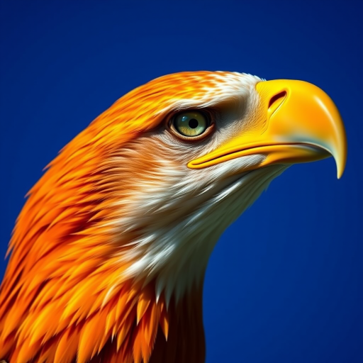 Create a vivid portrait of an eagle in bright, surreal colors against a blue background, using a 50mm lens, f/1.8 aperture, ISO 100, and 1/500 shutter speed, captured in a close-up style with a focus on texture and detail.