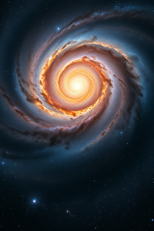 Generate a high-resolution image of a swirling galaxy with a luminous core and cosmic dust clouds, incorporating vibrant colors and intricate details, captured with a DSLR camera, 24mm lens, f/2.8 aperture, ISO 400, long exposure, low angle view, and emphasizing astrophotography style to enhance clarity and depth.