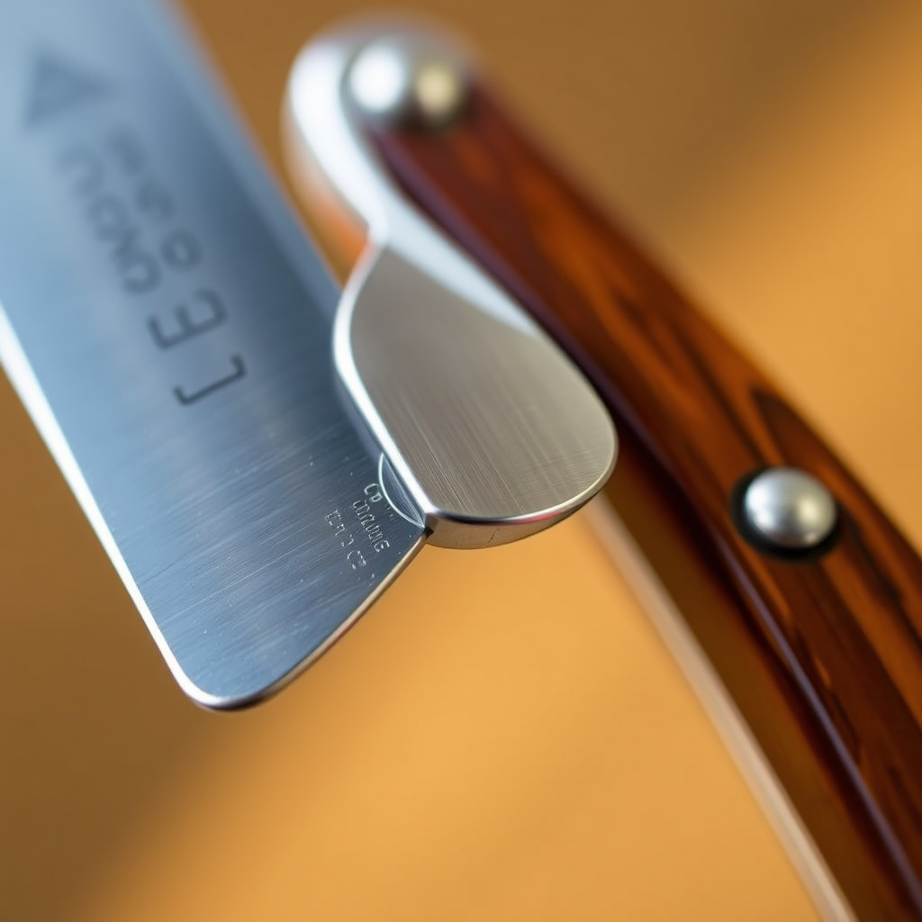 Create a high-resolution image of a straight razor with a polished silver blade and a rich wooden handle, using a macro lens at f/2.8, with a focus on the blade's edge to enhance sharpness, in natural light for true-to-color representation.