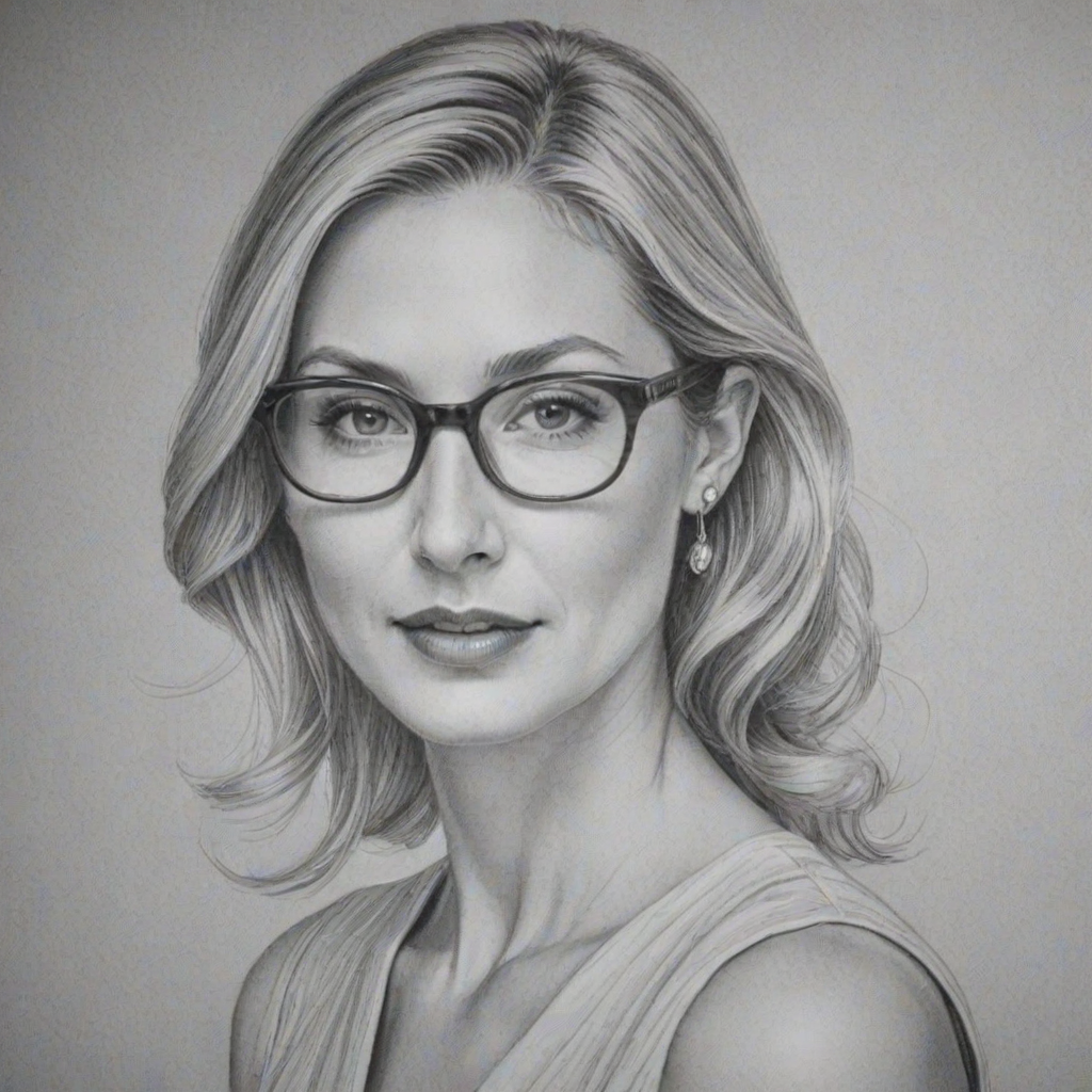 Stunning Kelly Rutherford, pencil sketch, portrait of Elegant woman 1954s in glasses, hair style beatnik, outline, clear lines, fine lines, 8k