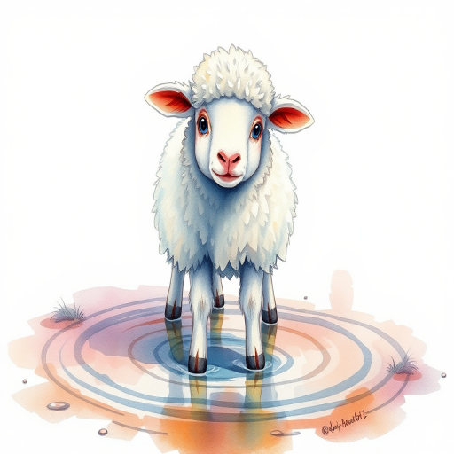 Create a watercolor illustration of a fluffy sheep standing in a soft puddle using a Canon EOS R with a 50mm f/1.8 lens, aperture set to f/2.8, shutter speed 1/125 sec, ISO 200, shot from a low angle for a more engaging perspective, focusing on vibrant colors and delicate textures.