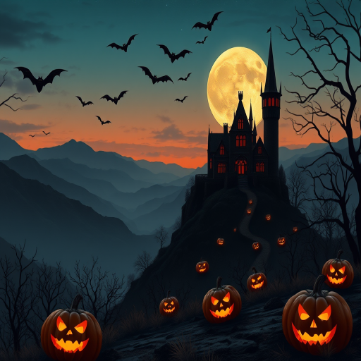 Create a high-resolution digital illustration of a spooky Halloween landscape featuring a dark castle on a hill, a full moon, bats flying, rolling mountains in the background, and carved pumpkins in the foreground, using a DSLR camera at f/8 aperture, 24mm focal length, ISO 200, and twilight lighting for enhanced detail and vivid colors.