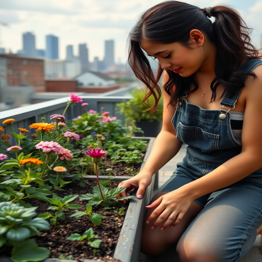 Quiet rooftop garden, with plants and flowers in full bloom, a woman in overalls kneels by a planter, her hands dirty from tending to the soil as the city skyline stretches out behind her.