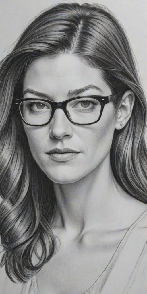Attractive Jennifer Carpenter, pencil sketch, portrait of Sublime woman 1944s in glasses, hair style beatnik, outline, clear lines, fine lines, 8k