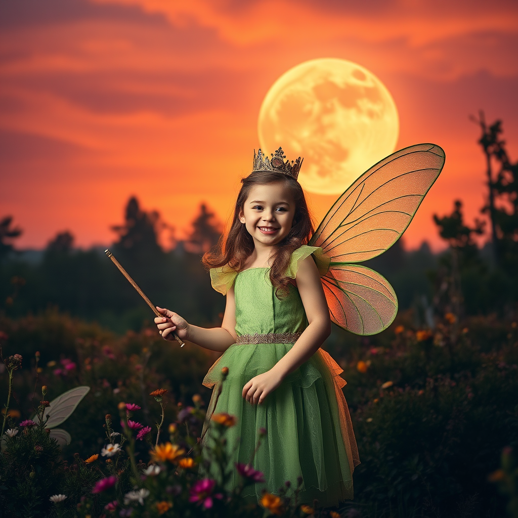 A vivid photo  taken under a bright camera flash of a fantastical scene set against a backdrop of a forest during sunset. The main subject is a girl dressed as a fairy, adorned with translucent wings and a green dress, holding a wand, her face is happy, and she wears a crown on her head. The forest behind her is a blend of flowers, shrubs and trees. The sky is painted in hues of orange and pink, with a large, glowing moon casting a warm glow over the scene. The overall color palette is dominated by earthy tones.