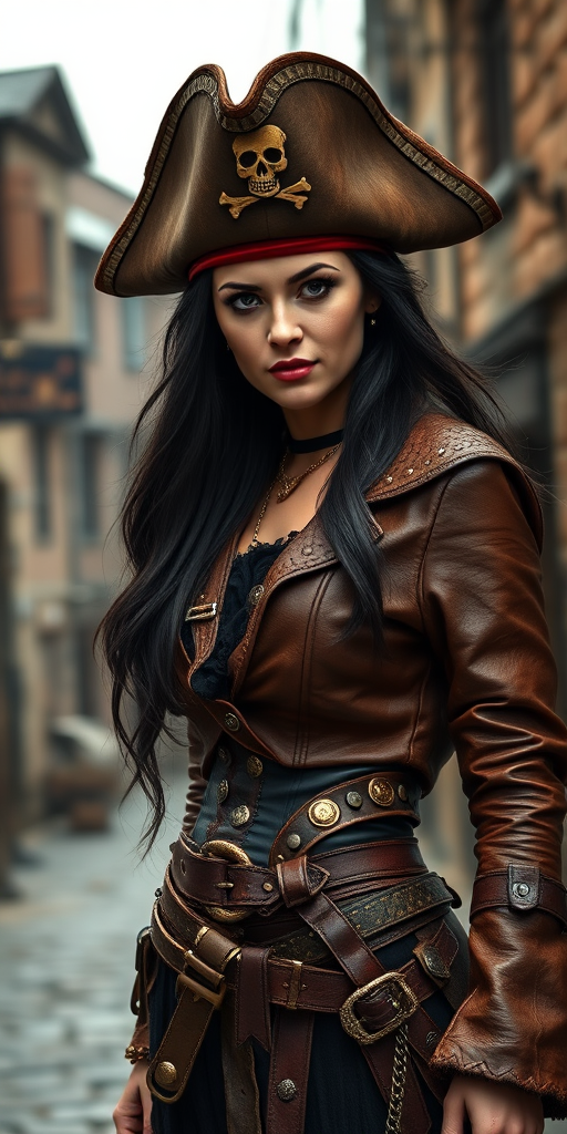 Create a portrait of a fierce female pirate. She wears a leather tricorn hat adorned with a skull and crossbones emblem, and her long, dark hair flows around her face. Her outfit consists of a richly detailed leather jacket, a corset, and multiple layers of belts and accessories, giving her a formidable and stylish appearance. She stands confidently in a dimly lit, historic port town, with a backdrop of weathered buildings and cobblestone streets, capturing the adventurous spirit of a pirate.
