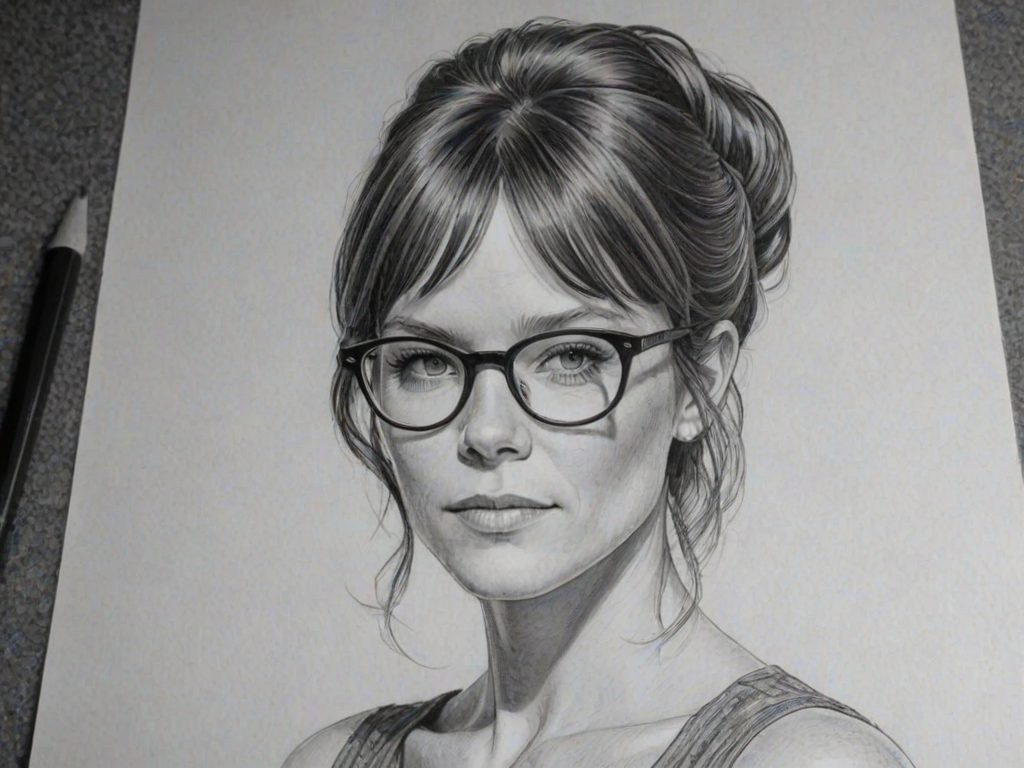 Dazzling Katie Aselton, pencil sketch, portrait of Resplendent woman 1968s in glasses, hair style beatnik, outline, clear lines, fine lines, 8k