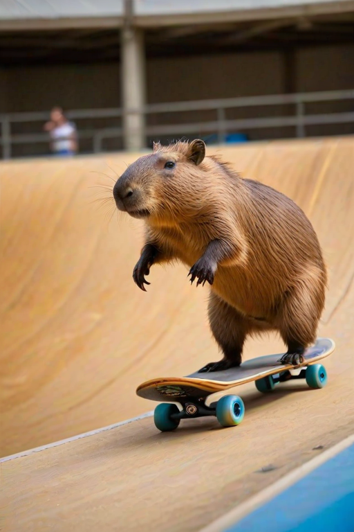 action sports photography, of a stunning capybara, riding a skateboard through a halfpipe