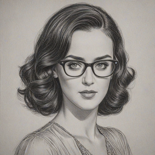 Gorgeous Katy Perry, pencil sketch, portrait of Comely woman 1937s in glasses, hair style beatnik, outline, clear lines, fine lines, 8k