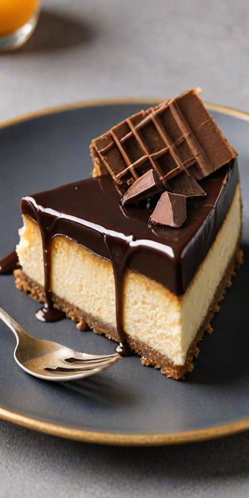 Create an image of a slice of cheesecake with a smooth chocolate ganache topping. The cheesecake should have a creamy texture and a golden crust, placed on a textured black plate. The setting should be minimalistic and elegant, highlighting the dessert's rich layers.