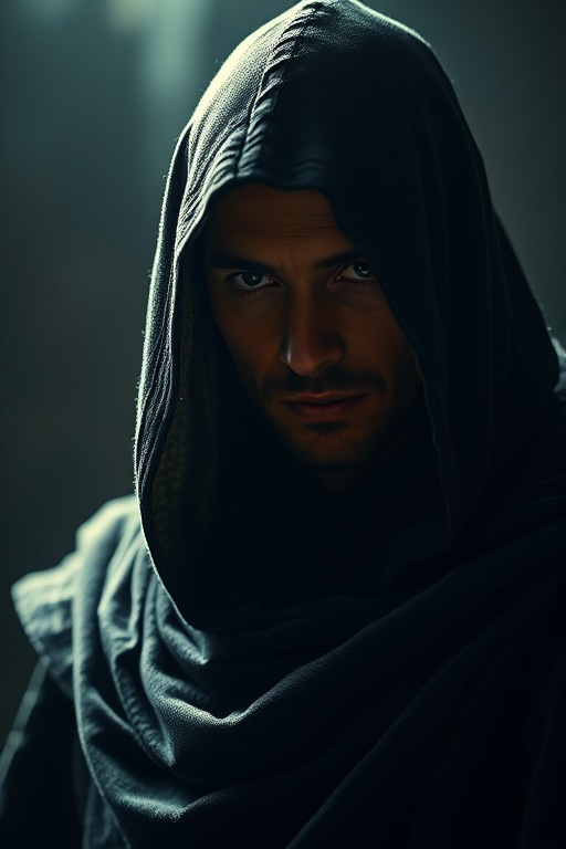 +highly detailed fantasy character portrait of a cloaked figure with a mysterious aura, illuminated by a soft backlight, evoking a sense of magic and nobility, Canon EOS R5, 85mm f/1.2 lens, ISO 100, aperture f/2.8, shallow depth of field, soft focus background, cinematic lighting