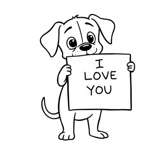 A minimalist cartoon of a PUPPY standing on a blank white background, holding a sign that simply says, 'I LOVE YOU.' The puppy is drawn with just a few lines: big eyes, whiskers, floppy ears, and a straight tail, giving it a comically desperate expression.